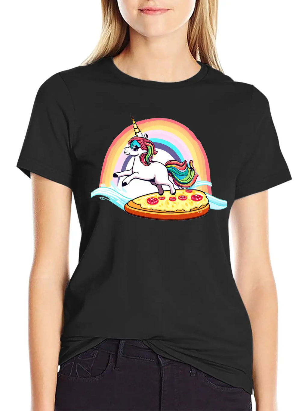 Unicorn Surfs For Pizza With Rainbow Breathable Soft Cotton T-Shirt – Timeless Casual Look