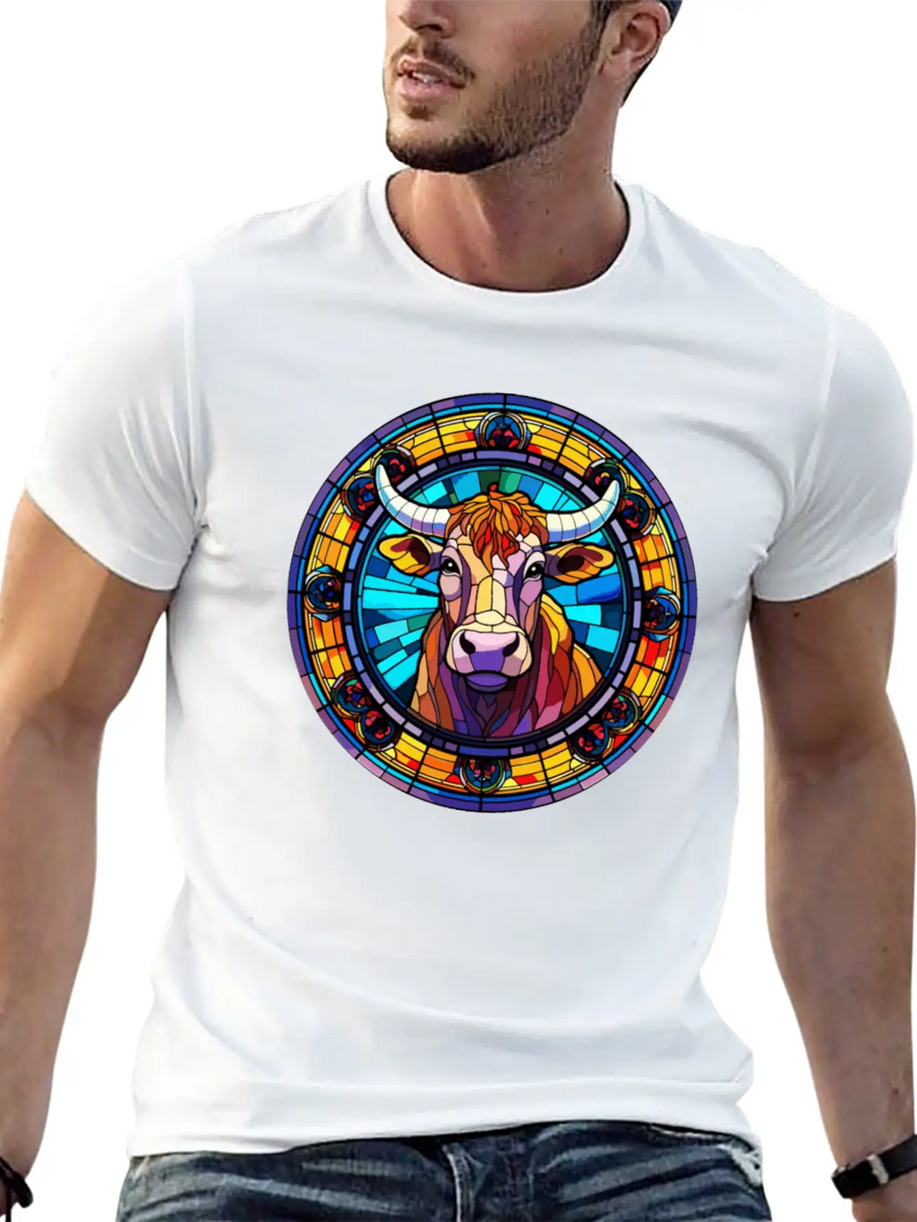 Unique Cow Art Design - Stained Glass Art Relaxed Everyday Tee – Lightweight And Durable Cotton