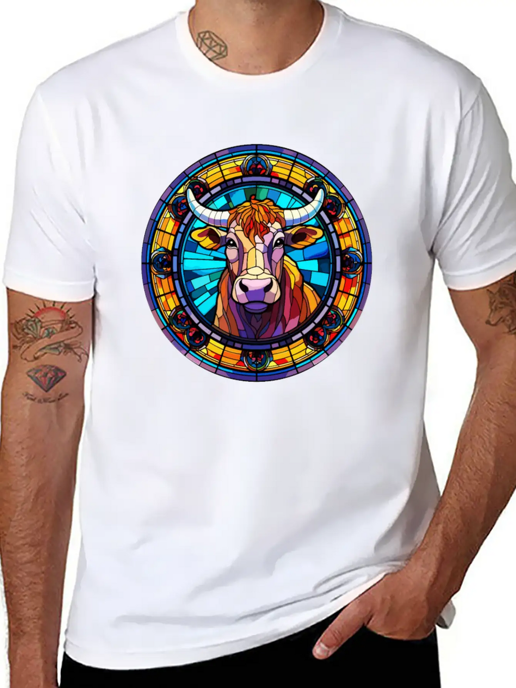 Unique Cow Art Design - Stained Glass Art Relaxed Everyday Tee – Lightweight And Durable Cotton