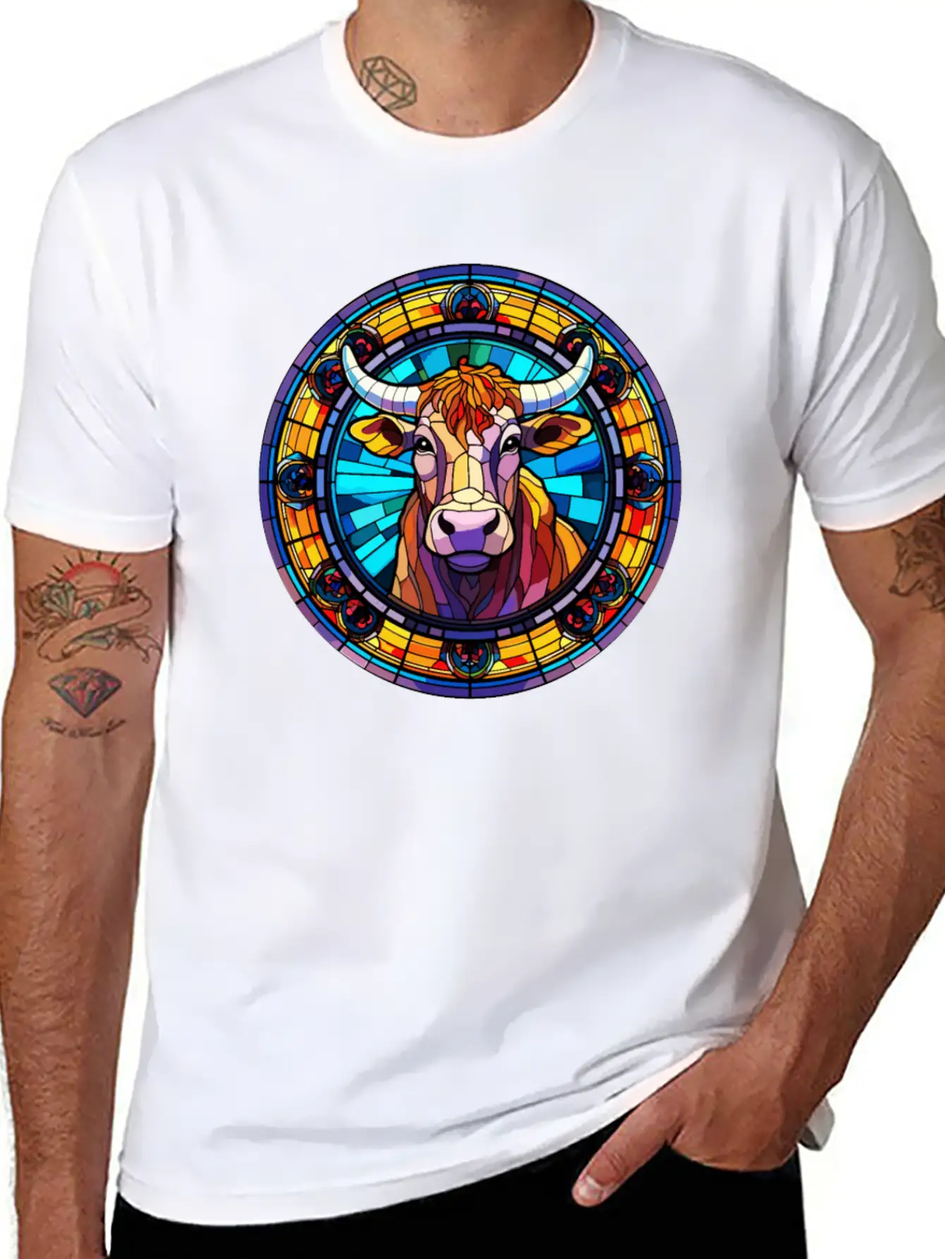 Unique Cow Art Design - Stained Glass Art Relaxed Everyday Tee – Lightweight And Durable Cotton