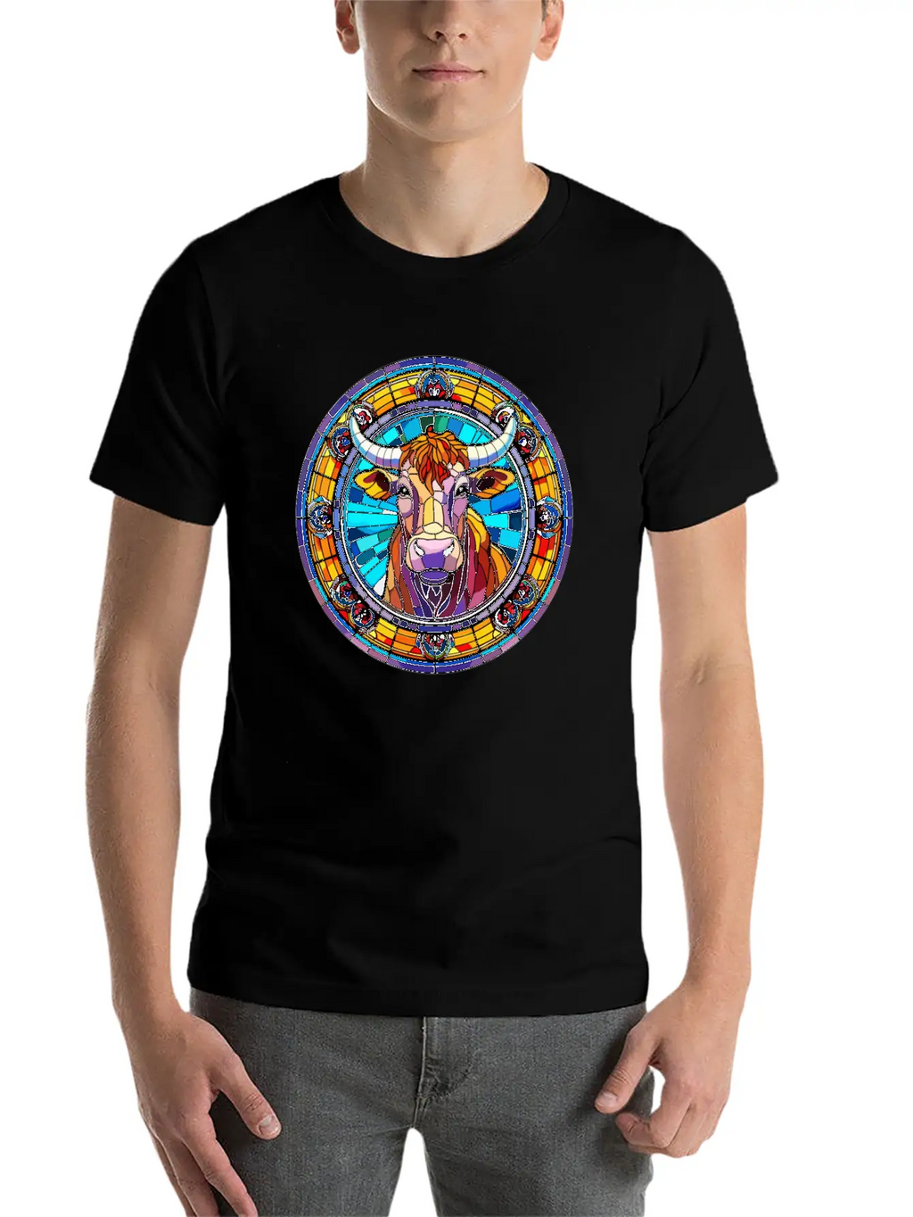 Unique Cow Art Design - Stained Glass Art Relaxed Everyday Tee – Lightweight And Durable Cotton