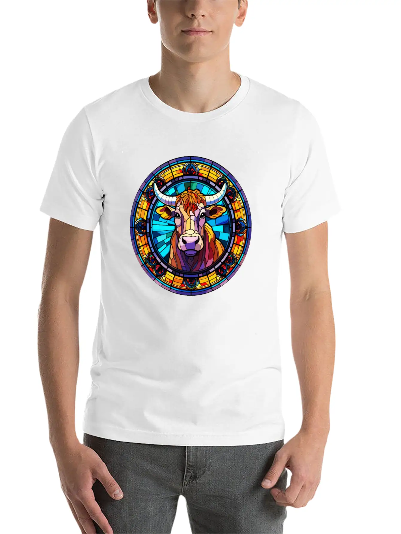 Unique Cow Art Design - Stained Glass Art Relaxed Everyday Tee – Lightweight And Durable Cotton