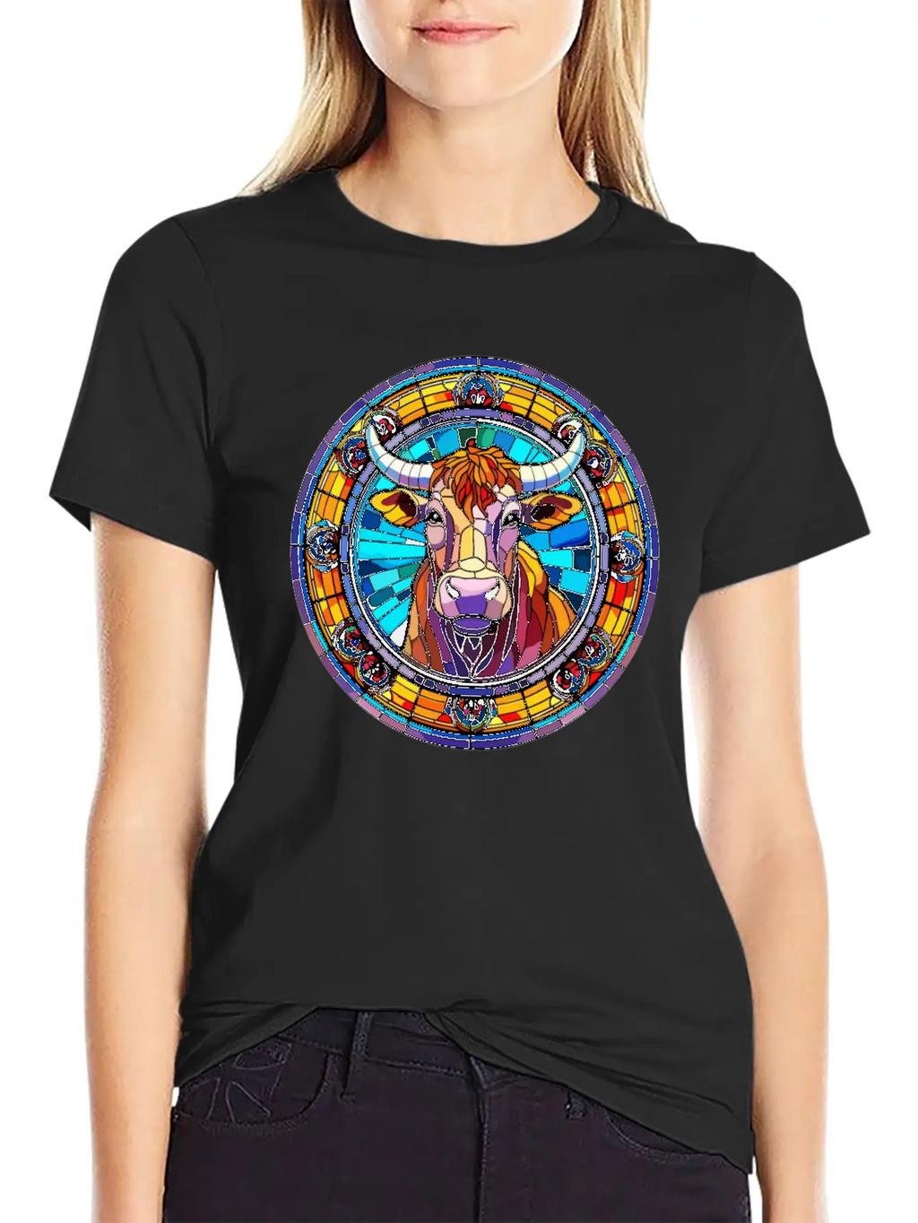 Unique Cow Art Design - Stained Glass Art Relaxed Everyday Tee – Lightweight And Durable Cotton