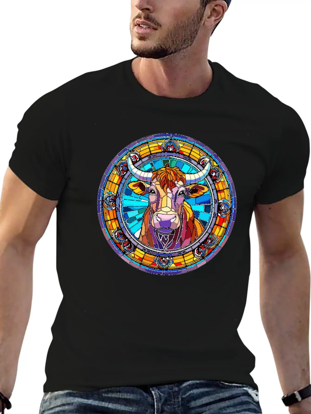 Unique Cow Art Design - Stained Glass Art Relaxed Everyday Tee – Lightweight And Durable Cotton