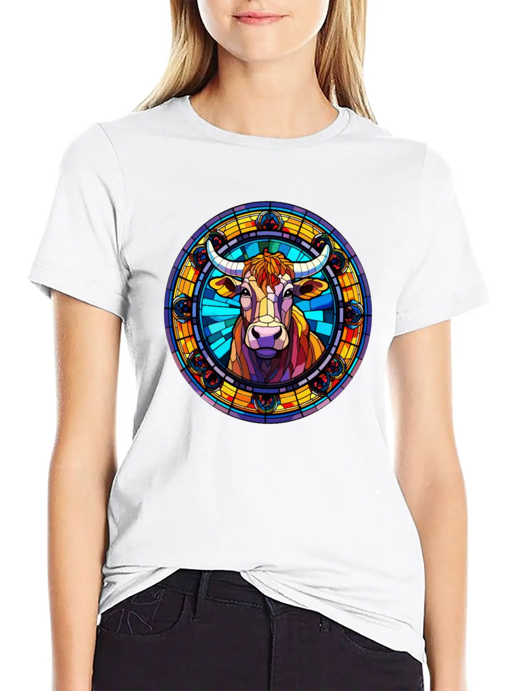 Unique Cow Art Design - Stained Glass Art Relaxed Everyday Tee – Lightweight And Durable Cotton
