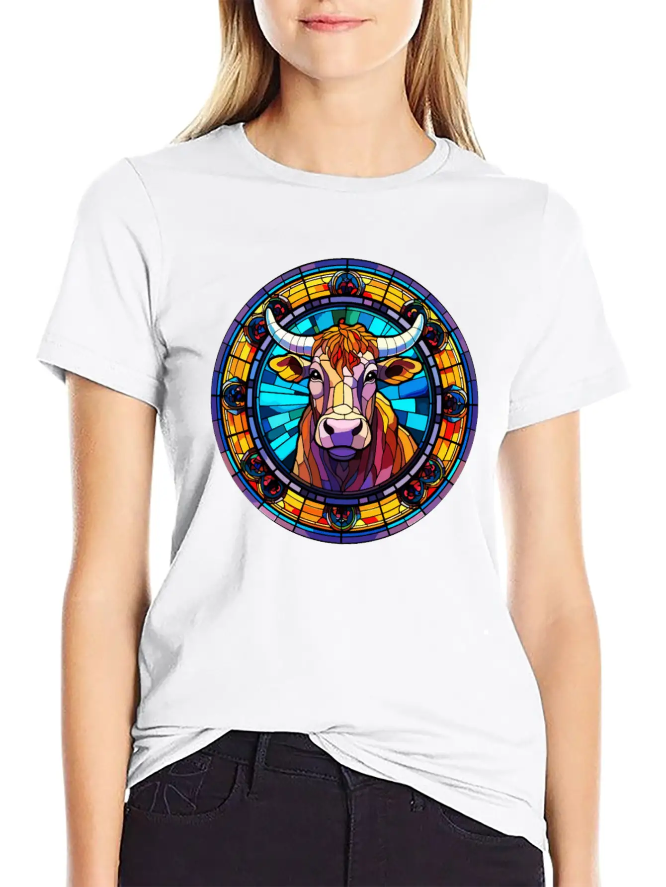Unique Cow Art Design - Stained Glass Art Relaxed Everyday Tee – Lightweight And Durable Cotton
