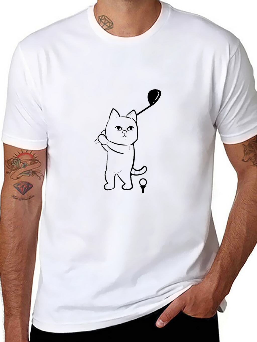 Golfing Cat Tee - Black Cotton T-Shirt