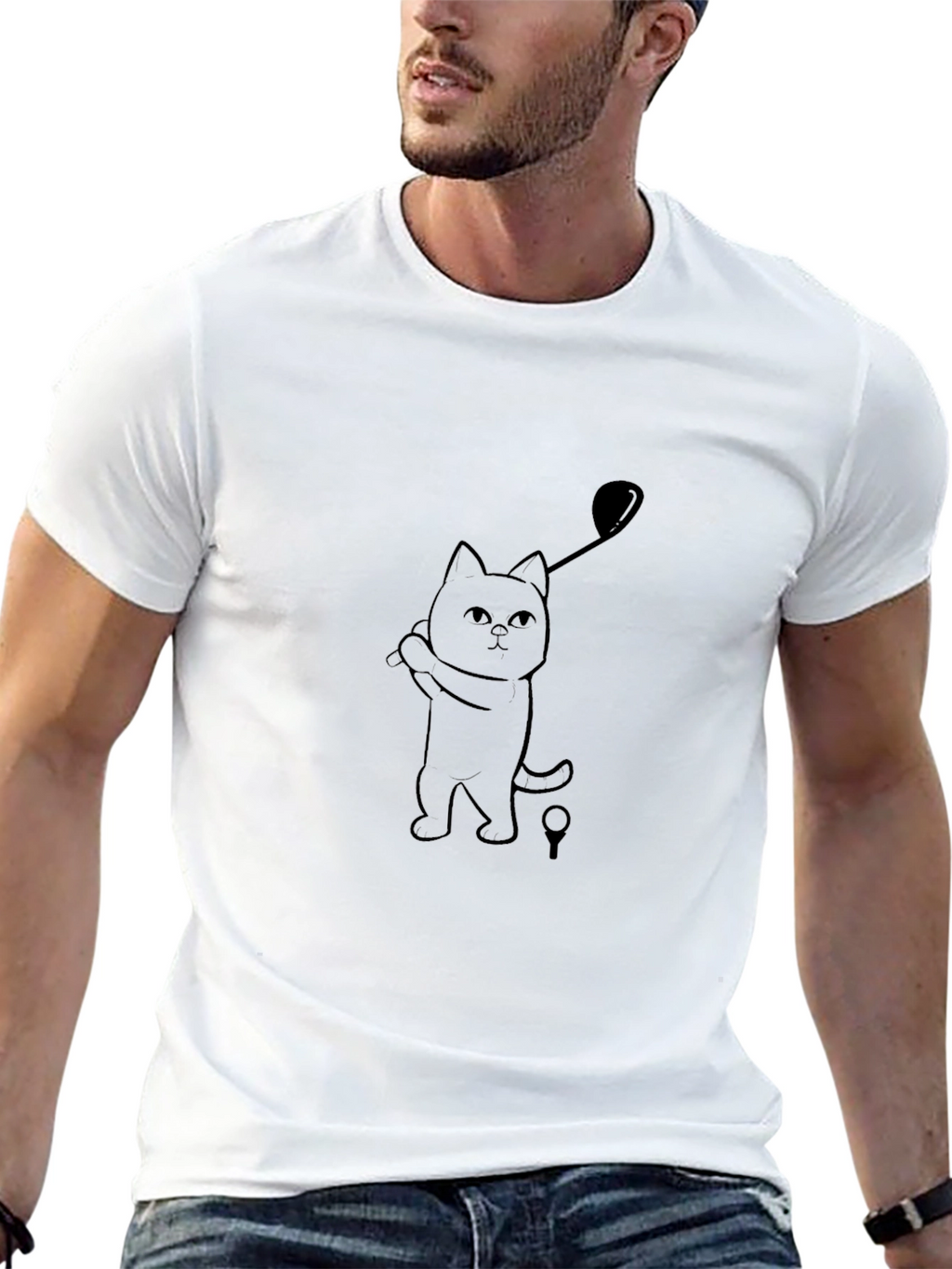 Golfing Cat Tee - Black Cotton T-Shirt