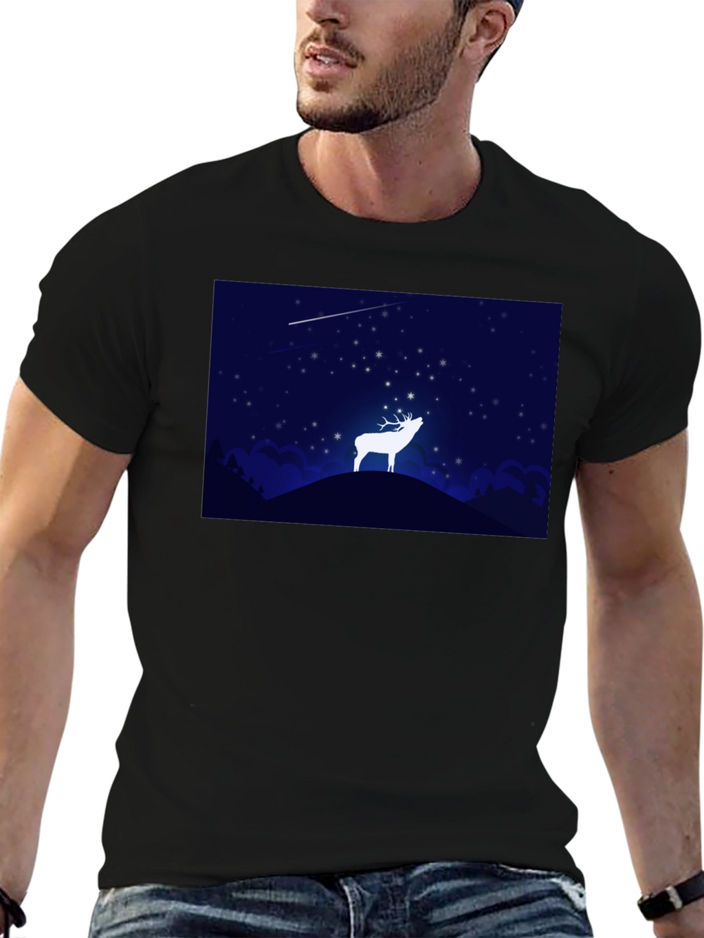 Starry Night Deer Graphic Black T-Shirt