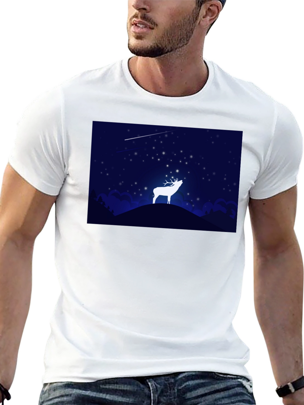 Starry Night Deer Graphic Black T-Shirt