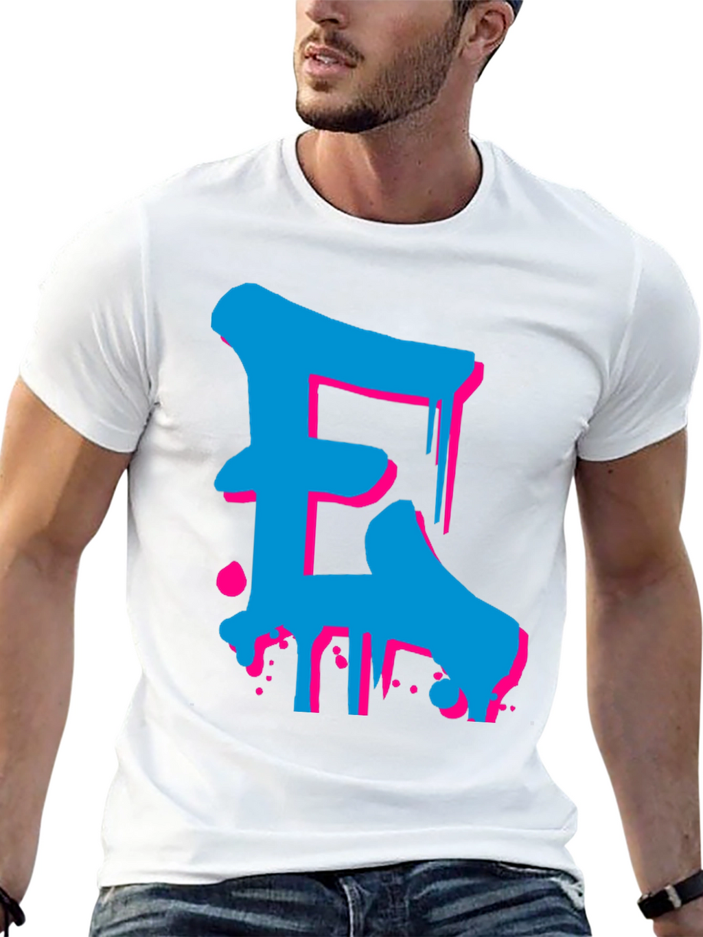 Bold Blue and Pink Letter Graphic Tee