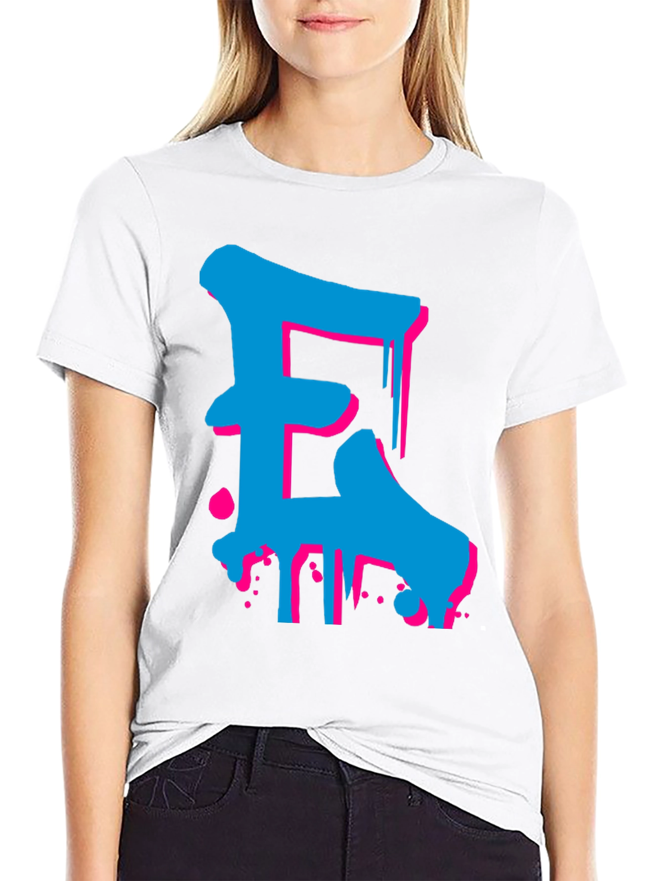 Bold Blue and Pink Letter Graphic Tee
