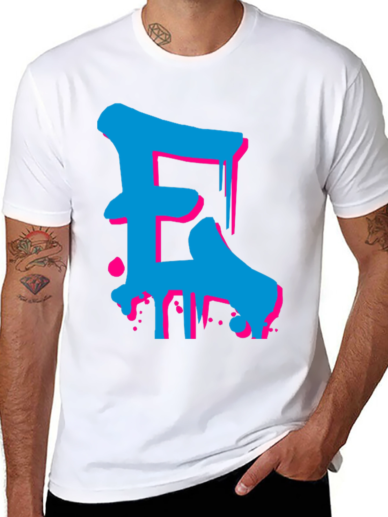 Bold Blue and Pink Letter Graphic Tee
