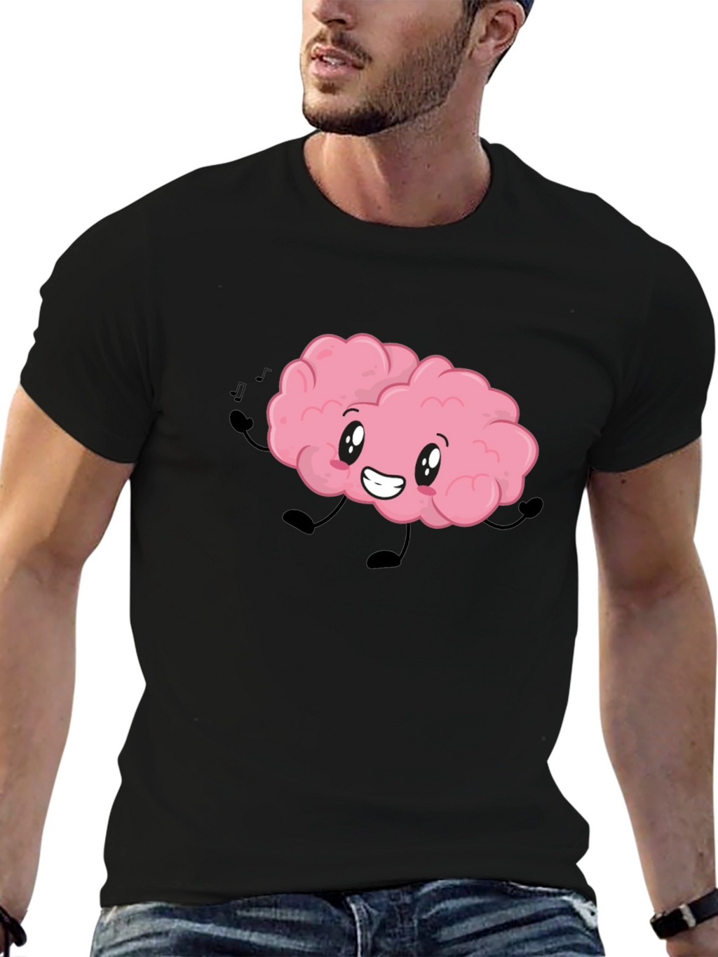 Brain Cartoon T-Shirt - Black Cotton Crew Neck Tee
