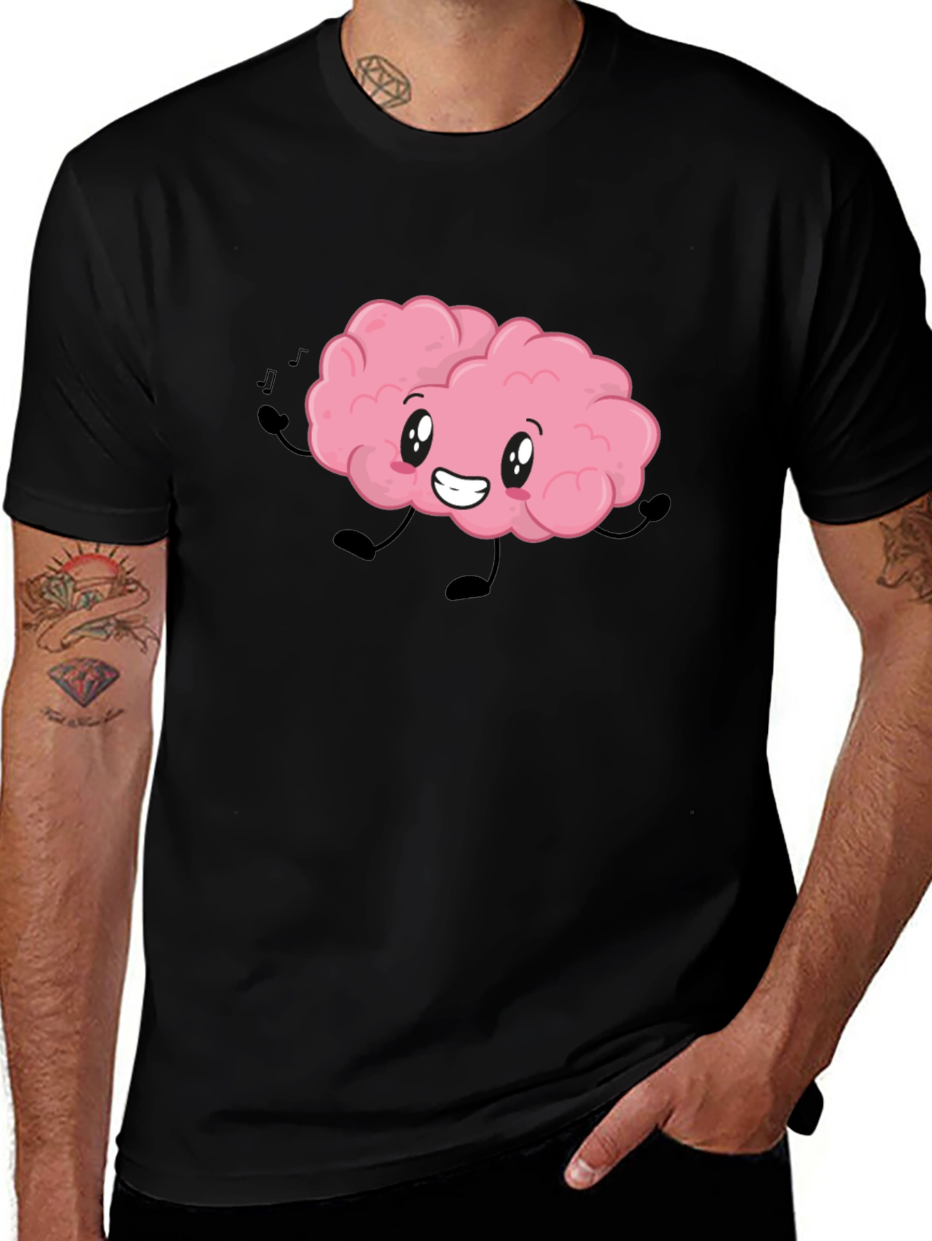 Brain Cartoon T-Shirt - Black Cotton Crew Neck Tee
