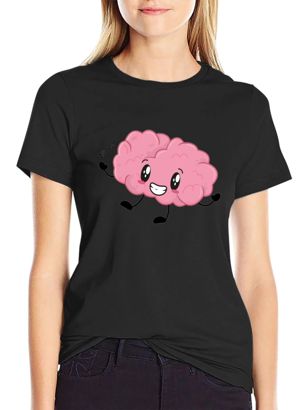 Brain Cartoon T-Shirt - Black Cotton Crew Neck Tee