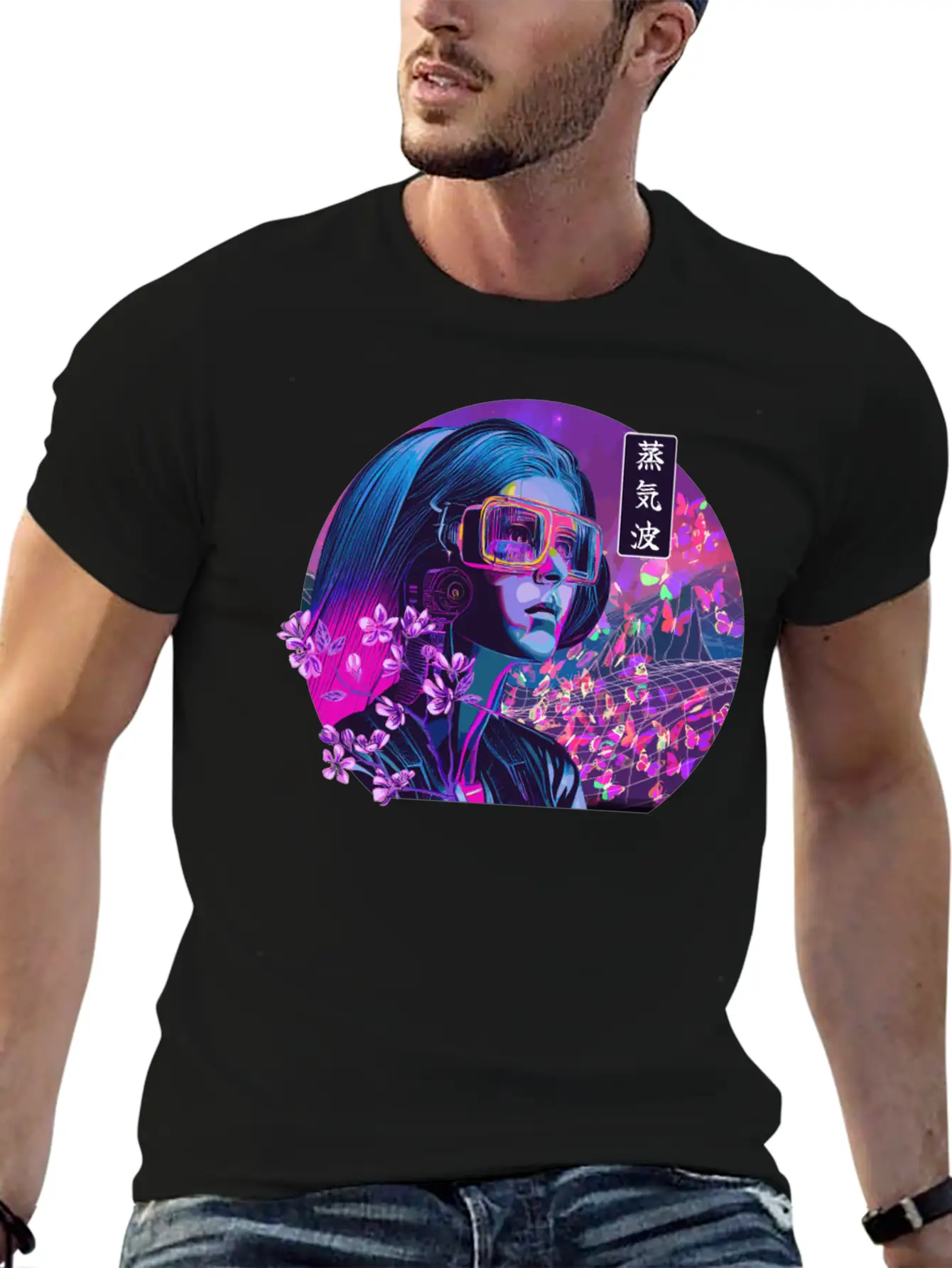 Vaporwave Cherry Blossom Girl Japanese Synthwave Stylish Everyday T-Shirt – Unisex Basic Cotton Tee