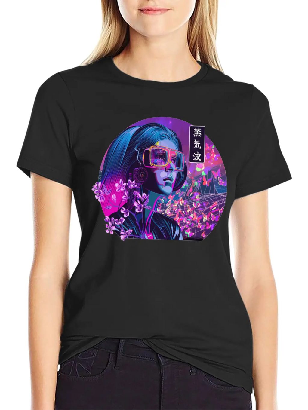 Vaporwave Cherry Blossom Girl Japanese Synthwave Stylish Everyday T-Shirt – Unisex Basic Cotton Tee