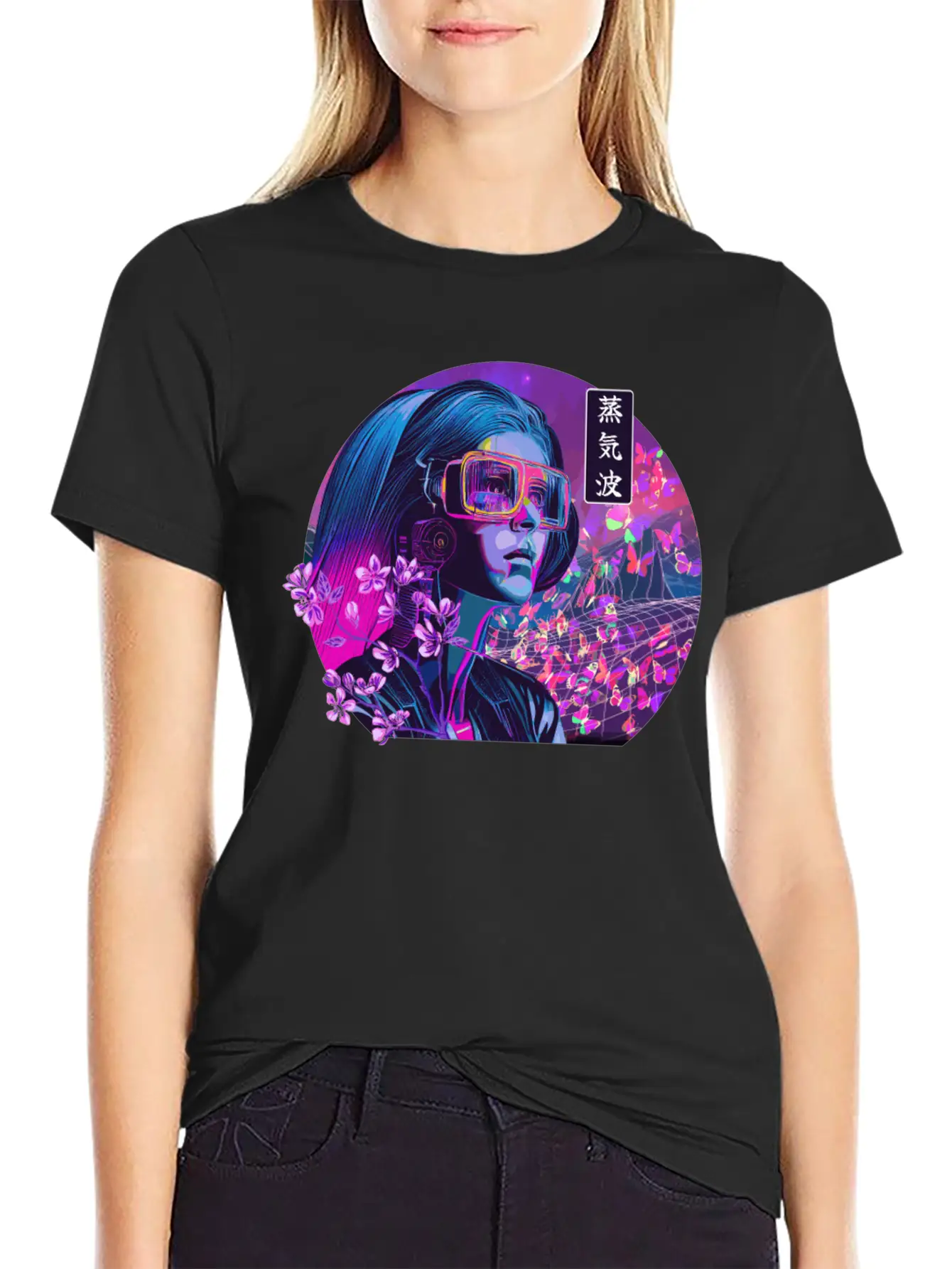 Vaporwave Cherry Blossom Girl Japanese Synthwave Stylish Everyday T-Shirt – Unisex Basic Cotton Tee