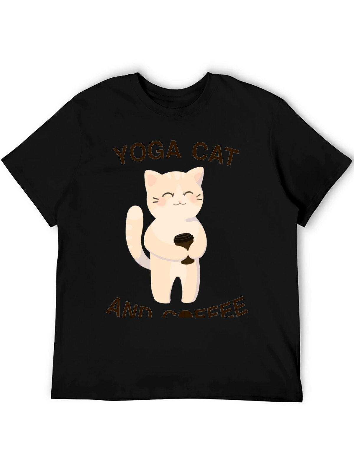 Yoga Cat & Coffee Graphic T-Shirt - Black Casual Tee