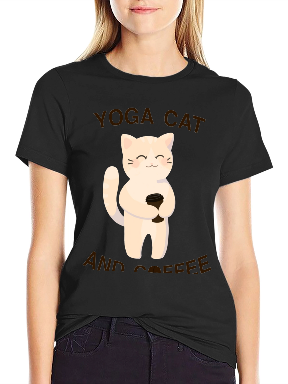 Yoga Cat & Coffee Graphic T-Shirt - Black Casual Tee