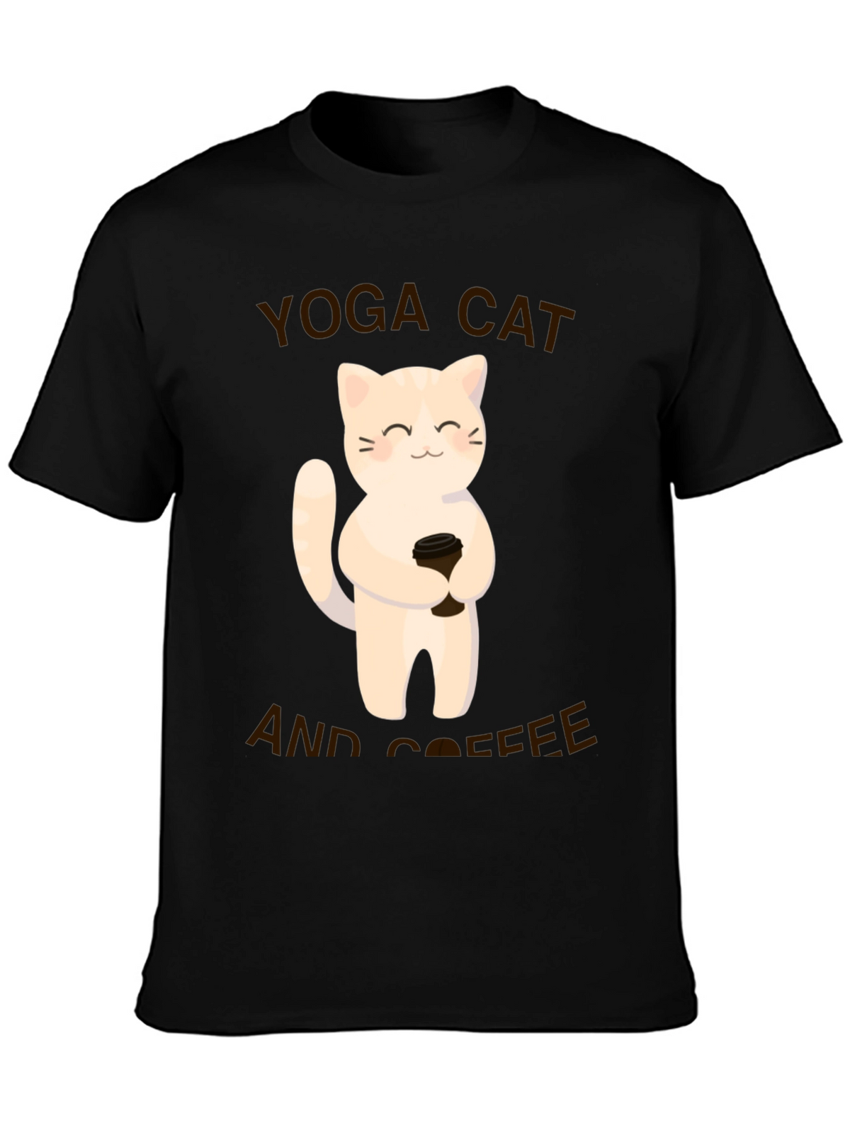 Yoga Cat & Coffee Graphic T-Shirt - Black Casual Tee