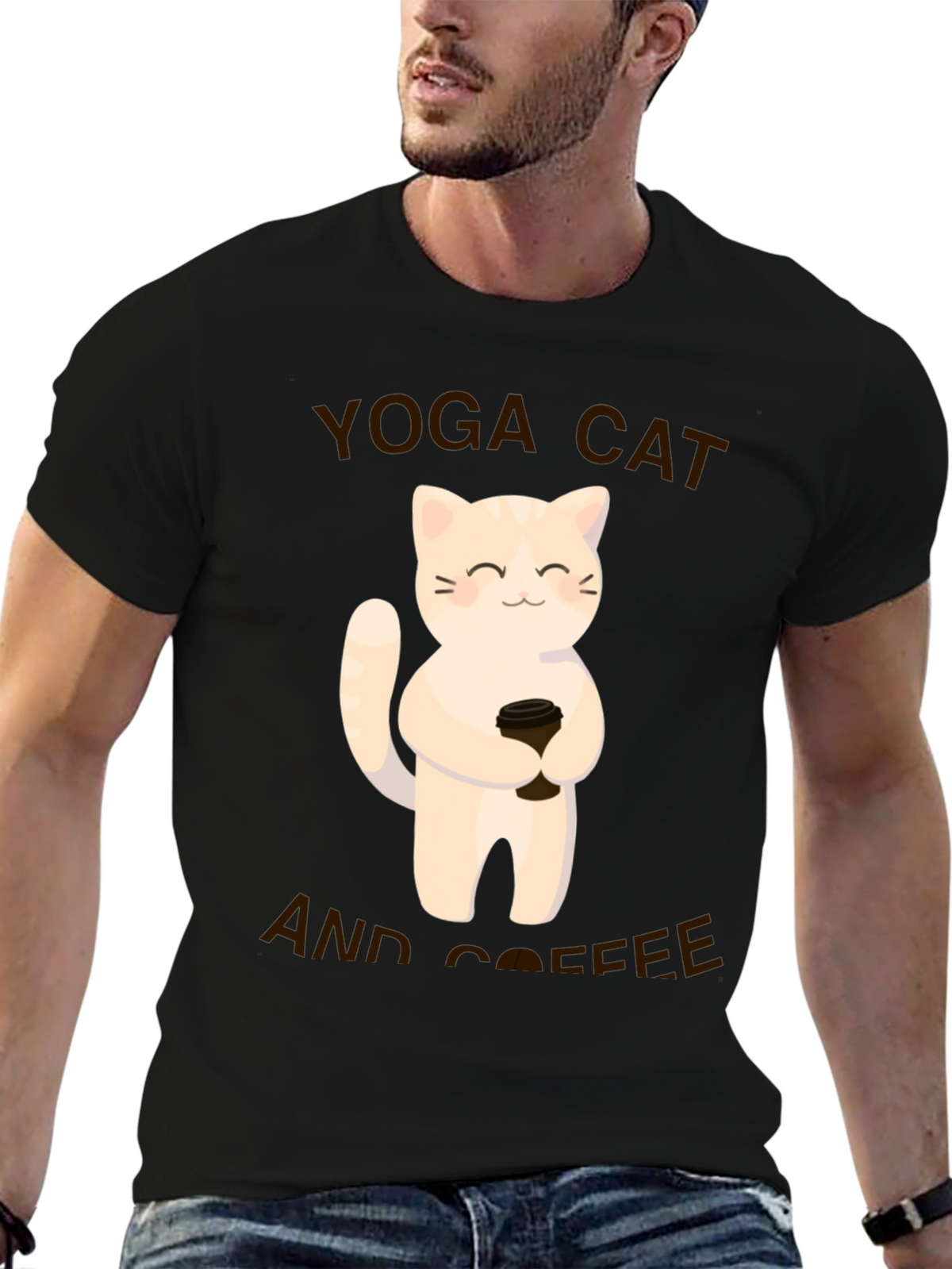 Yoga Cat & Coffee Graphic T-Shirt - Black Casual Tee