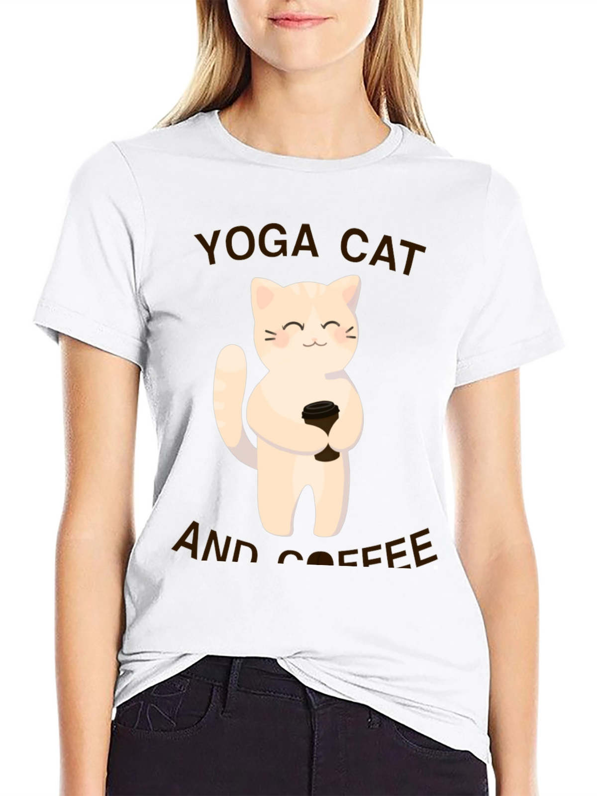 Yoga Cat & Coffee Graphic T-Shirt - Black Casual Tee