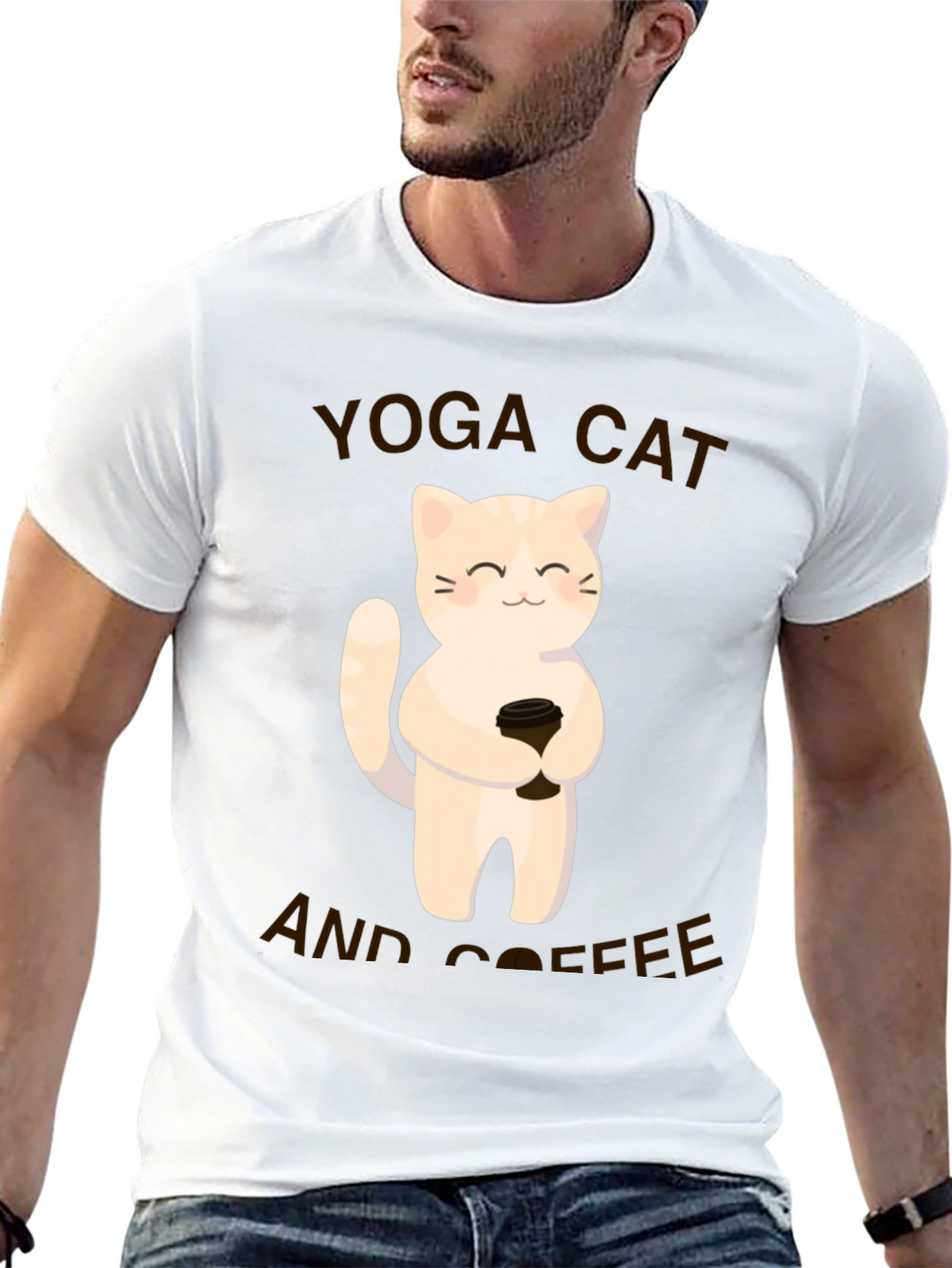Yoga Cat & Coffee Graphic T-Shirt - Black Casual Tee