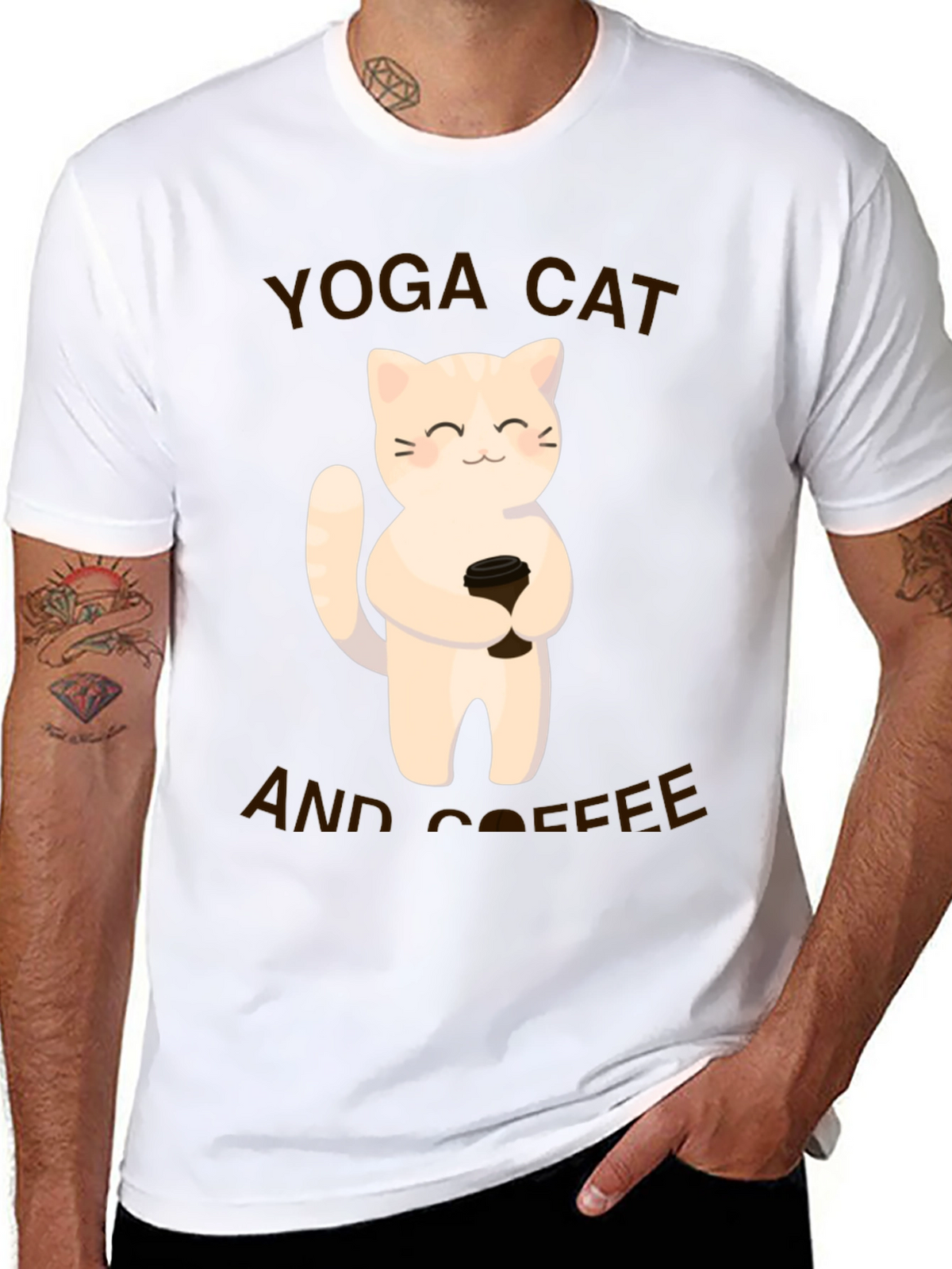 Yoga Cat & Coffee Graphic T-Shirt - Black Casual Tee