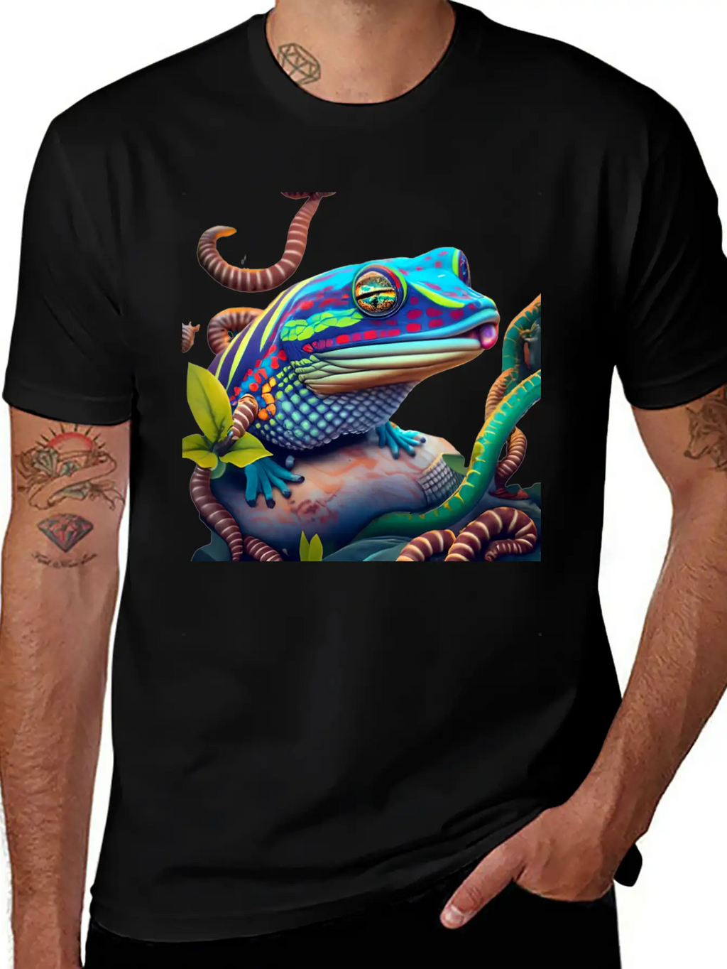 Vibrant Blue Tongue Skink & Vines Digital Art Stylish Everyday T-Shirt – Unisex Basic Cotton Tee