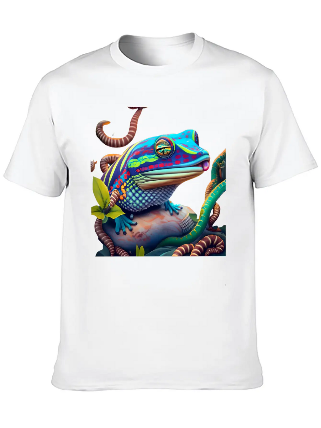 Vibrant Blue Tongue Skink & Vines Digital Art Stylish Everyday T-Shirt – Unisex Basic Cotton Tee