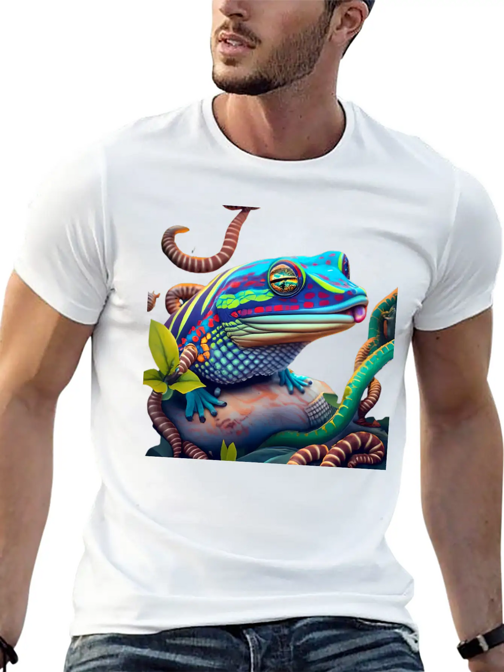 Vibrant Blue Tongue Skink & Vines Digital Art Stylish Everyday T-Shirt – Unisex Basic Cotton Tee
