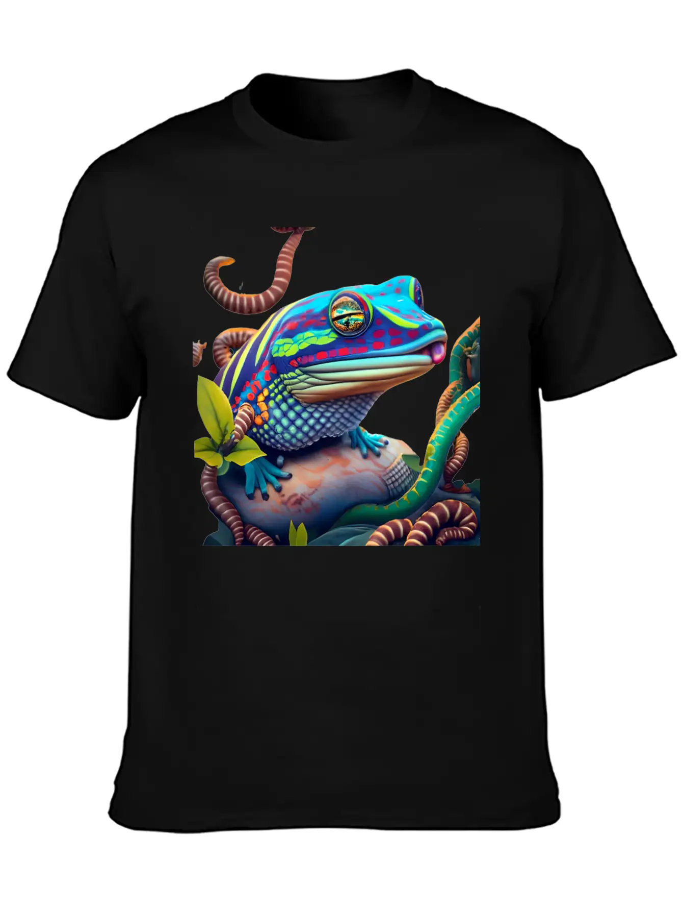Vibrant Blue Tongue Skink & Vines Digital Art Stylish Everyday T-Shirt – Unisex Basic Cotton Tee