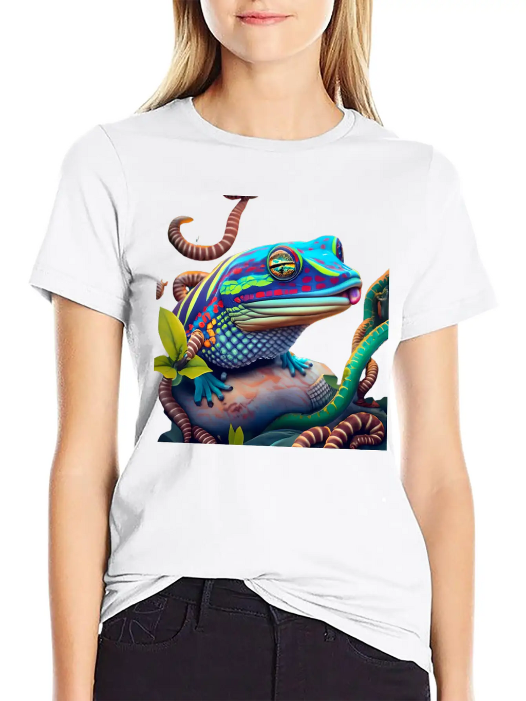 Vibrant Blue Tongue Skink & Vines Digital Art Stylish Everyday T-Shirt – Unisex Basic Cotton Tee