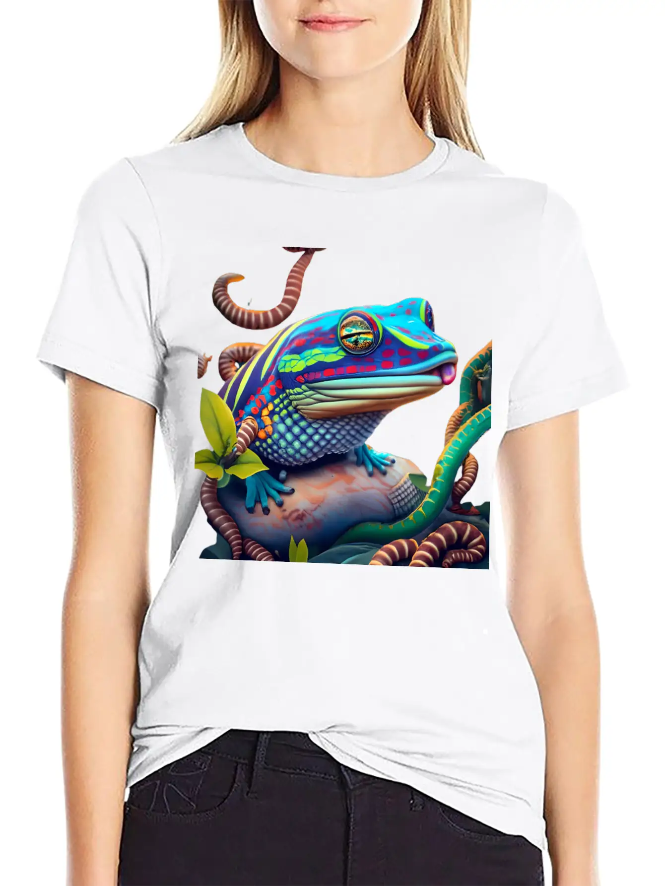 Vibrant Blue Tongue Skink & Vines Digital Art Stylish Everyday T-Shirt – Unisex Basic Cotton Tee