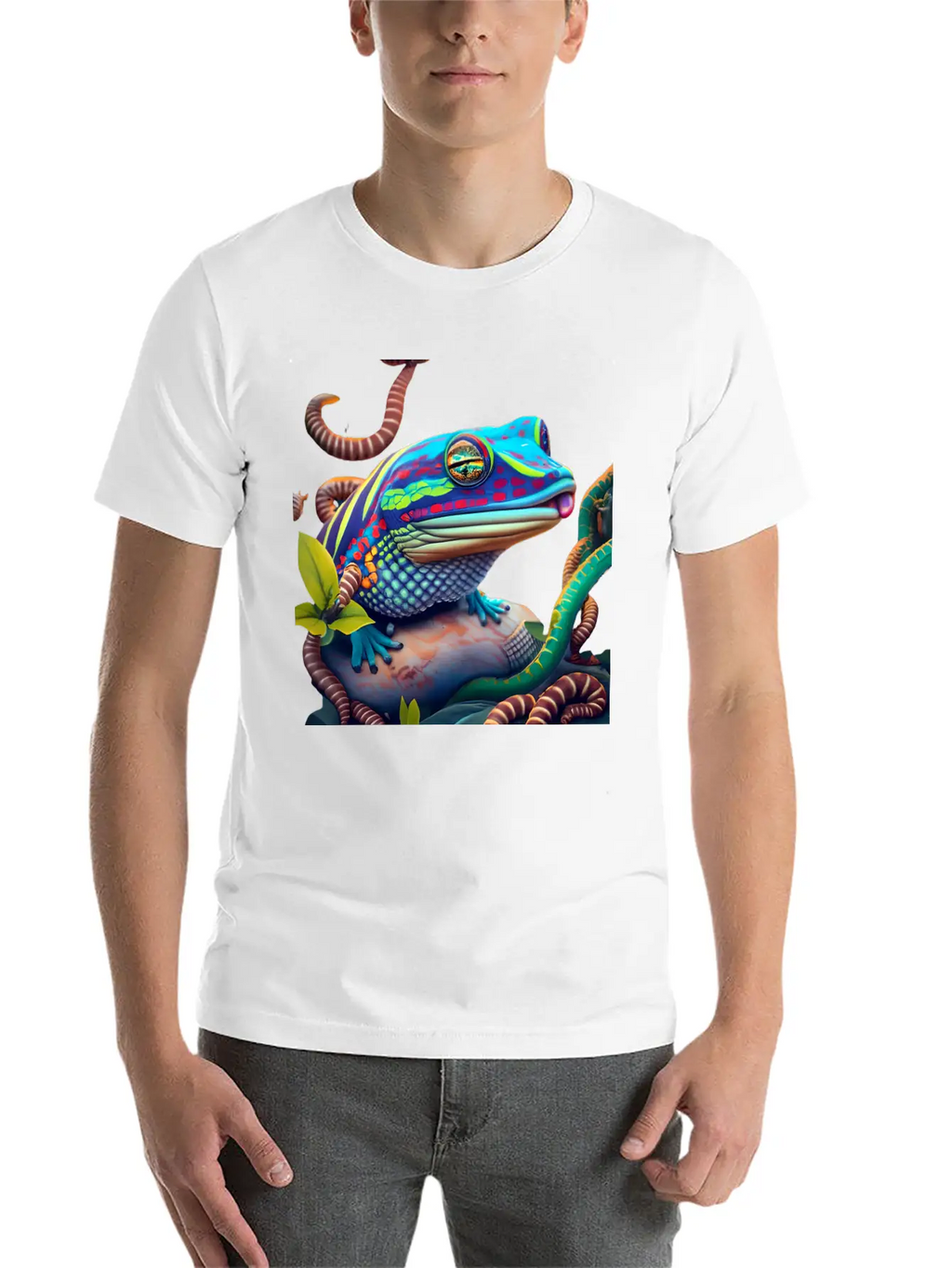 Vibrant Blue Tongue Skink & Vines Digital Art Stylish Everyday T-Shirt – Unisex Basic Cotton Tee