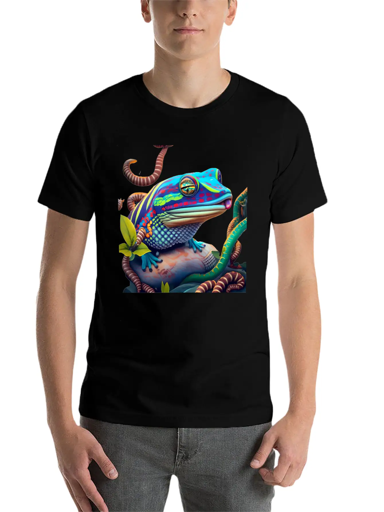 Vibrant Blue Tongue Skink & Vines Digital Art Stylish Everyday T-Shirt – Unisex Basic Cotton Tee