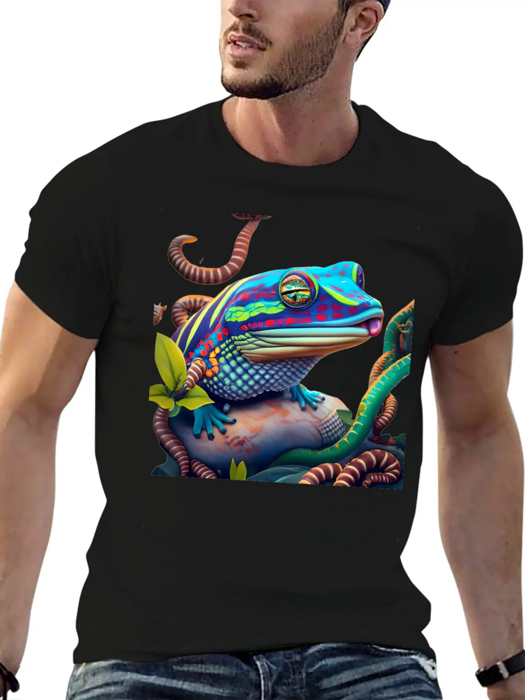 Vibrant Blue Tongue Skink & Vines Digital Art Stylish Everyday T-Shirt – Unisex Basic Cotton Tee