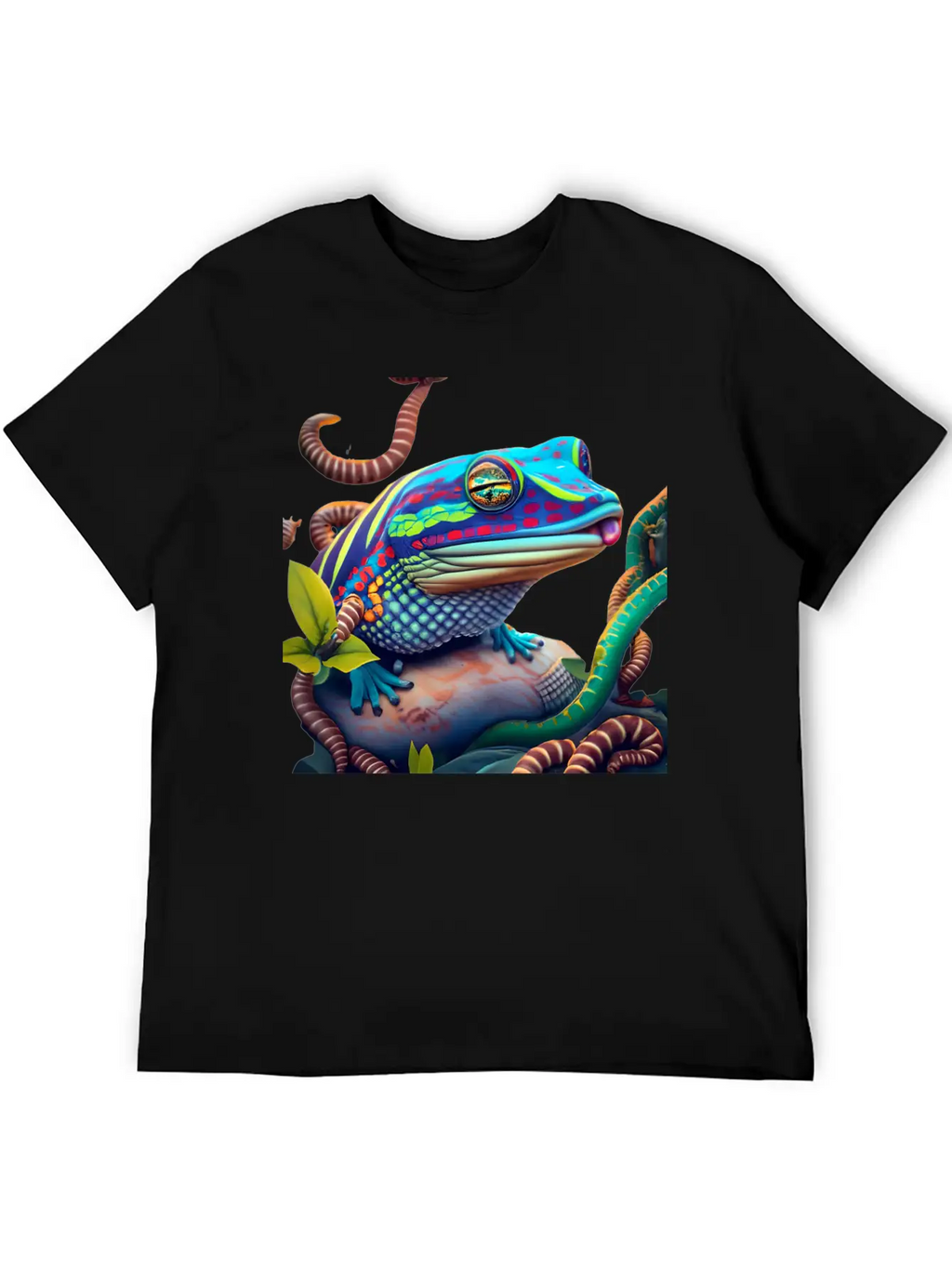 Vibrant Blue Tongue Skink & Vines Digital Art Stylish Everyday T-Shirt – Unisex Basic Cotton Tee