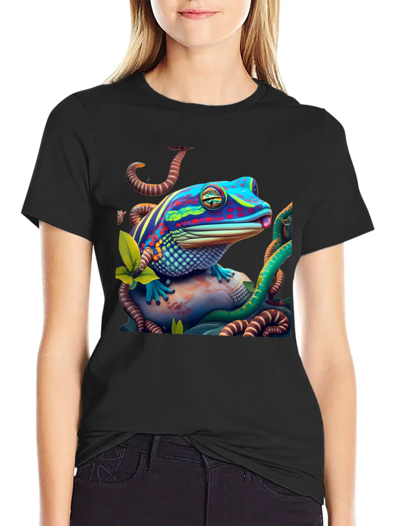 Vibrant Blue Tongue Skink & Vines Digital Art Stylish Everyday T-Shirt – Unisex Basic Cotton Tee