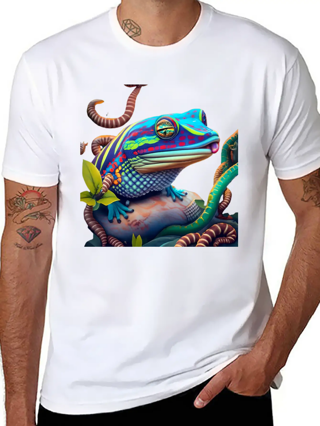 Vibrant Blue Tongue Skink & Vines Digital Art Stylish Everyday T-Shirt – Unisex Basic Cotton Tee