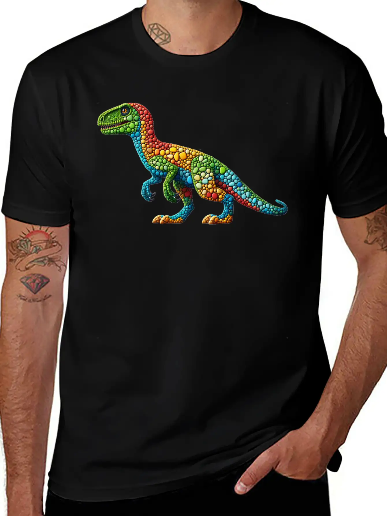 Vibrant Velociraptor: A Mosaic Masterpiece Basic Graphic T-Shirt – Daily Comfort In Soft Cotton