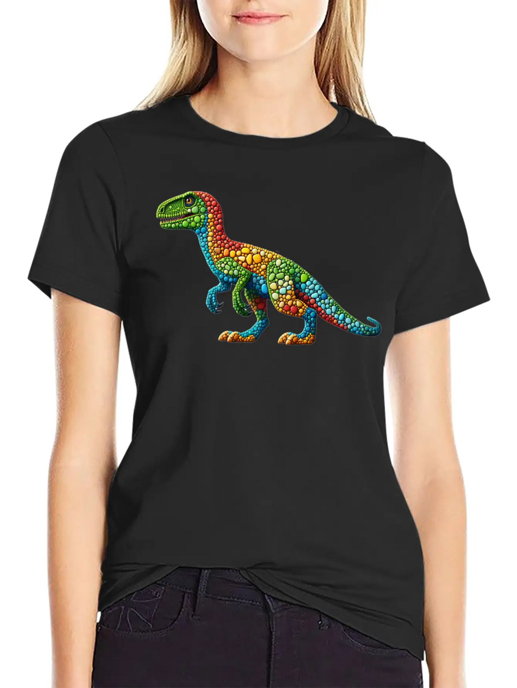 Vibrant Velociraptor: A Mosaic Masterpiece Basic Graphic T-Shirt – Daily Comfort In Soft Cotton