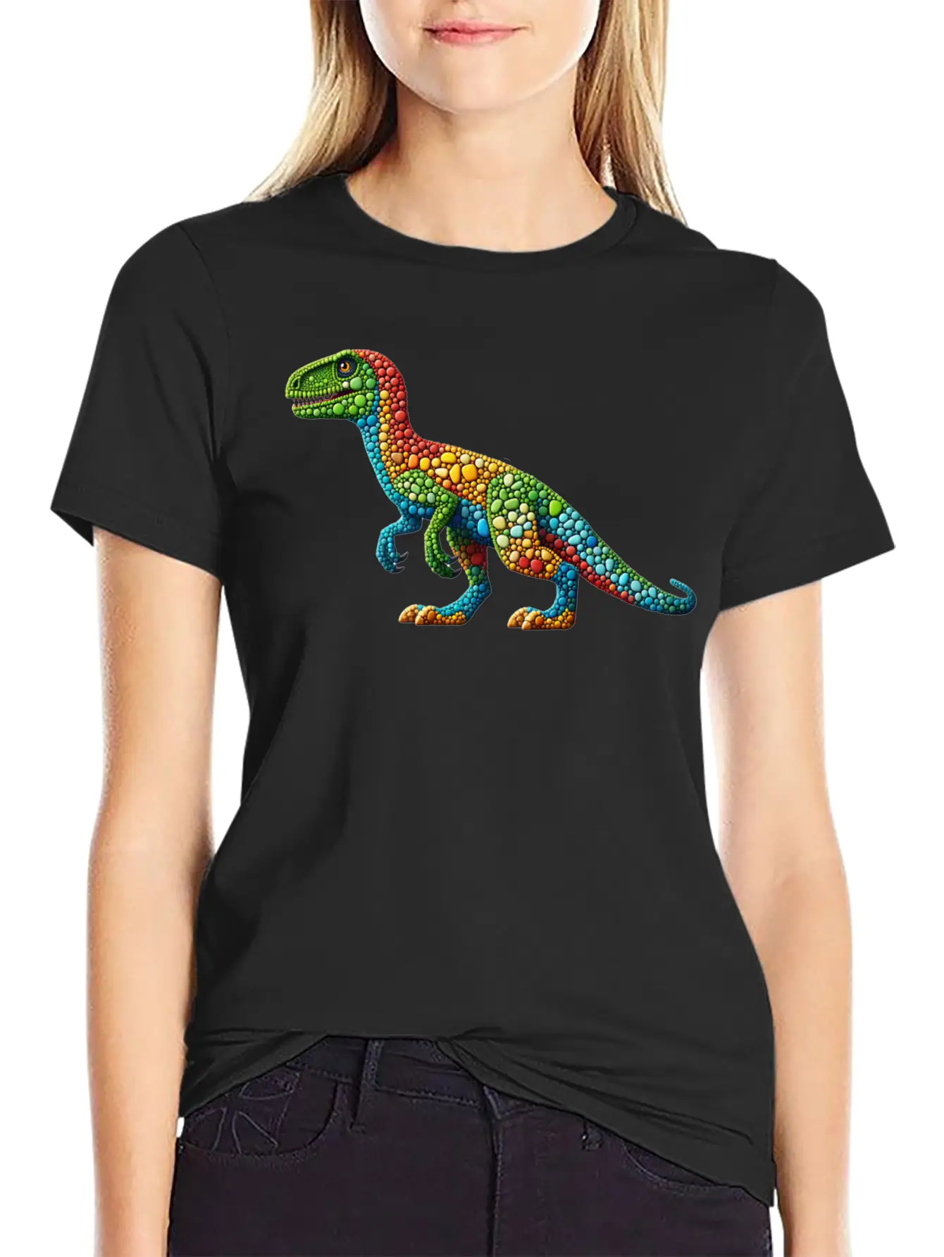 Vibrant Velociraptor: A Mosaic Masterpiece Basic Graphic T-Shirt – Daily Comfort In Soft Cotton