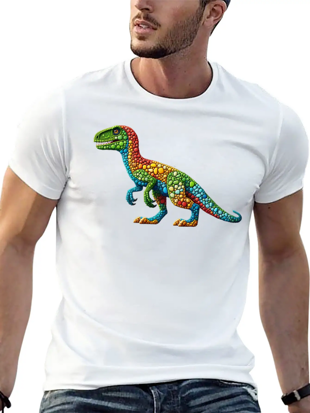 Vibrant Velociraptor: A Mosaic Masterpiece Basic Graphic T-Shirt – Daily Comfort In Soft Cotton