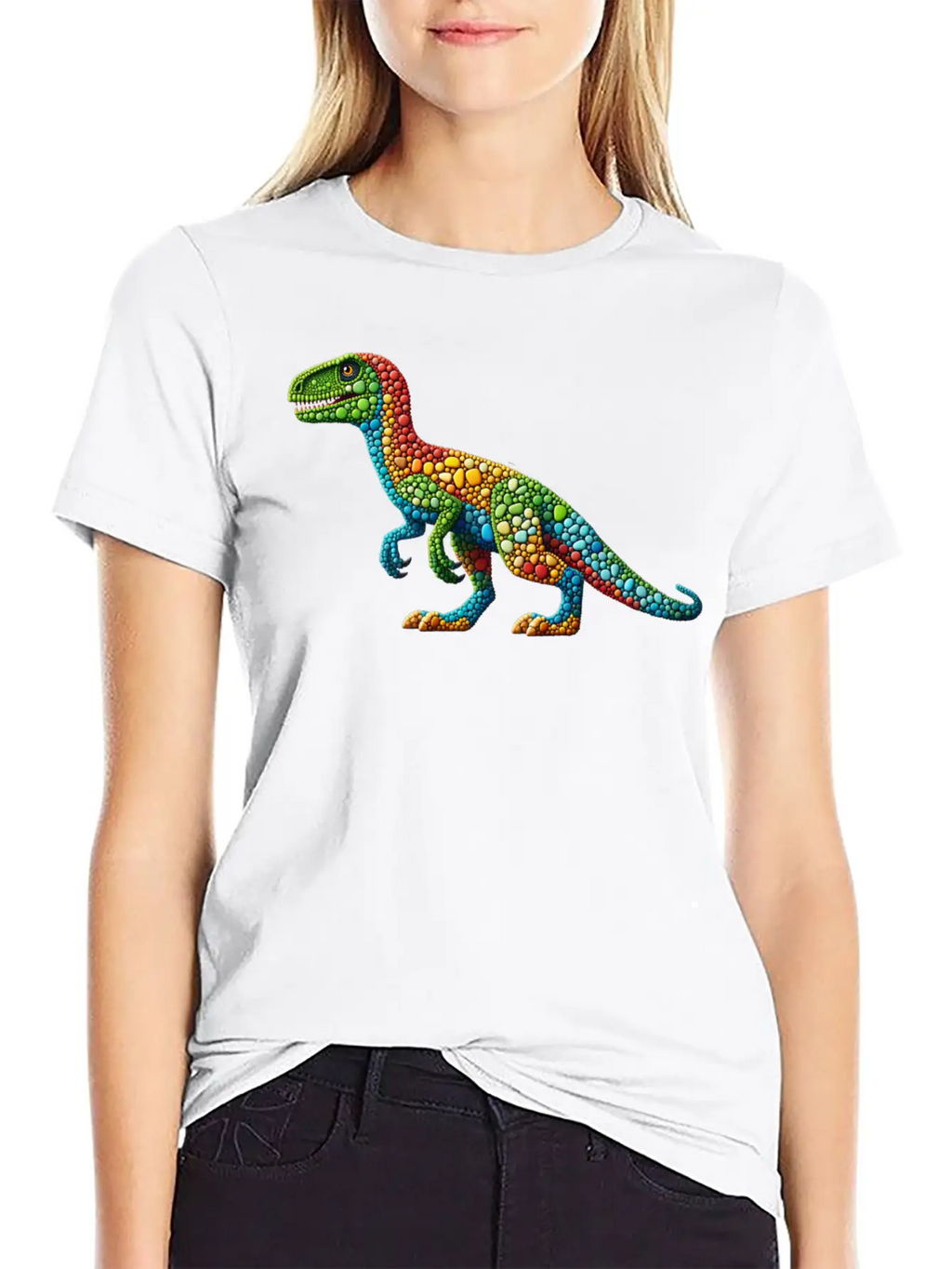 Vibrant Velociraptor: A Mosaic Masterpiece Basic Graphic T-Shirt – Daily Comfort In Soft Cotton
