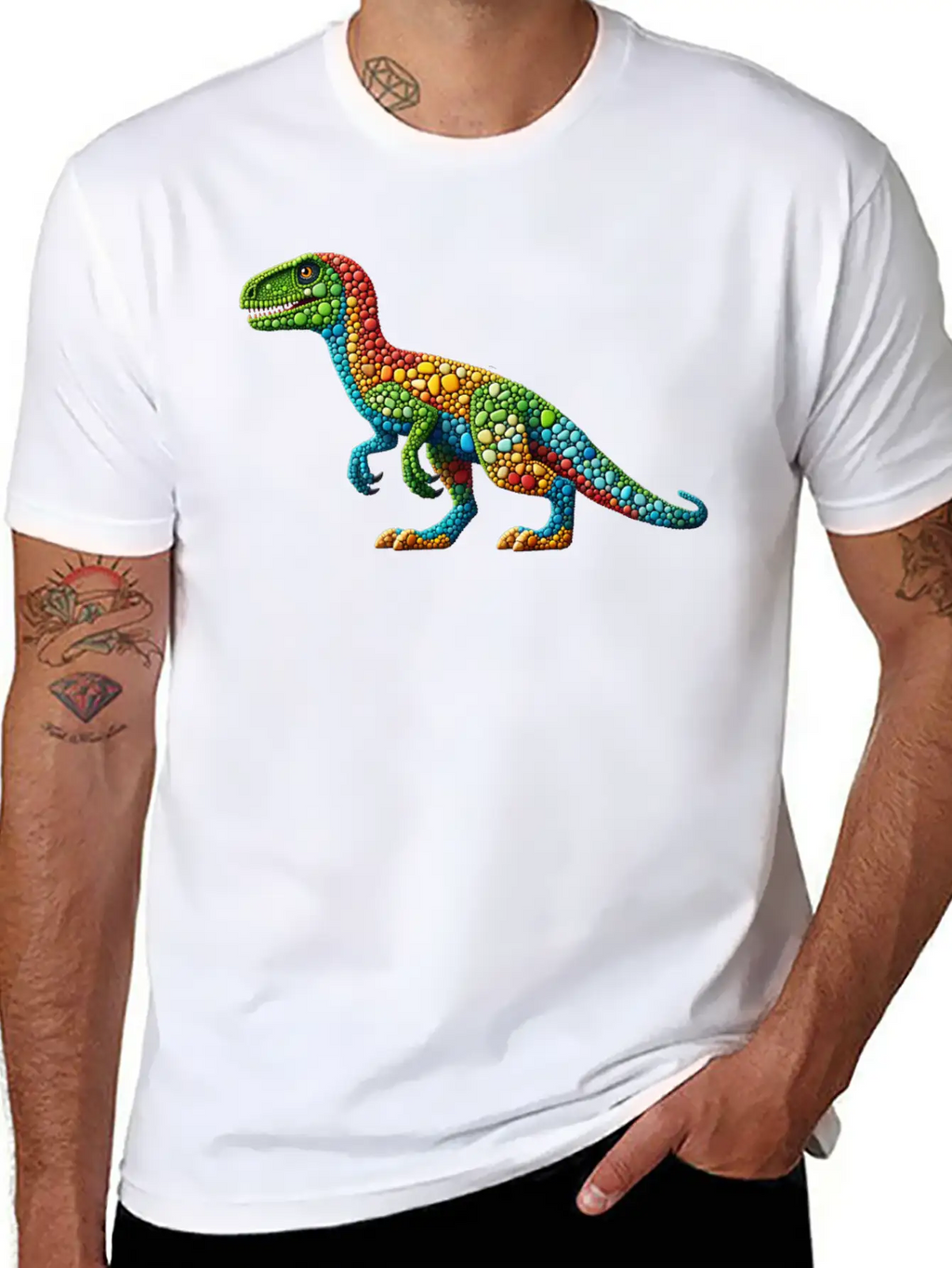 Vibrant Velociraptor: A Mosaic Masterpiece Basic Graphic T-Shirt – Daily Comfort In Soft Cotton