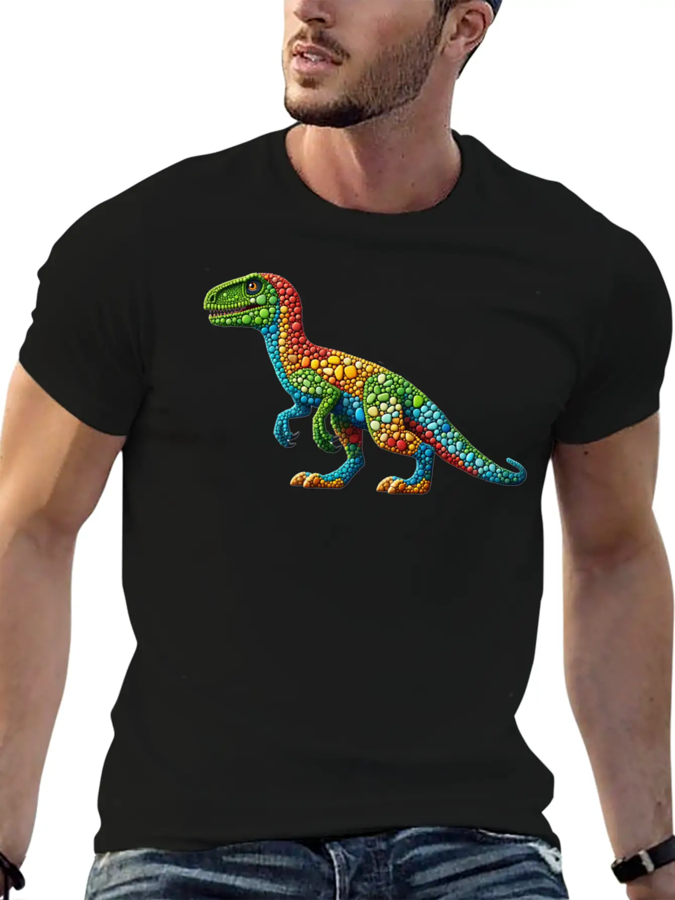 Vibrant Velociraptor: A Mosaic Masterpiece Basic Graphic T-Shirt – Daily Comfort In Soft Cotton