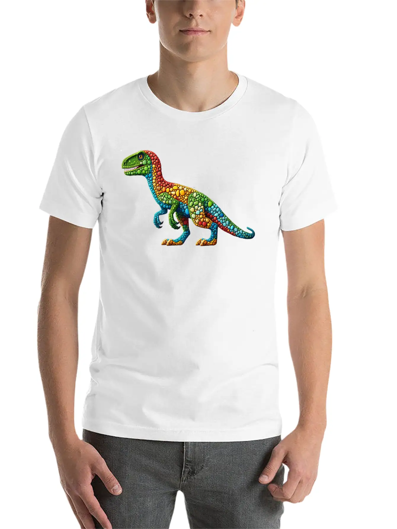 Vibrant Velociraptor: A Mosaic Masterpiece Basic Graphic T-Shirt – Daily Comfort In Soft Cotton